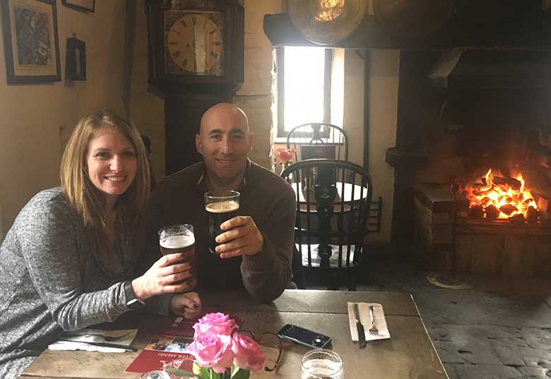 Bonnie and Mark at The Fleece with a pint of Pig's Ear
