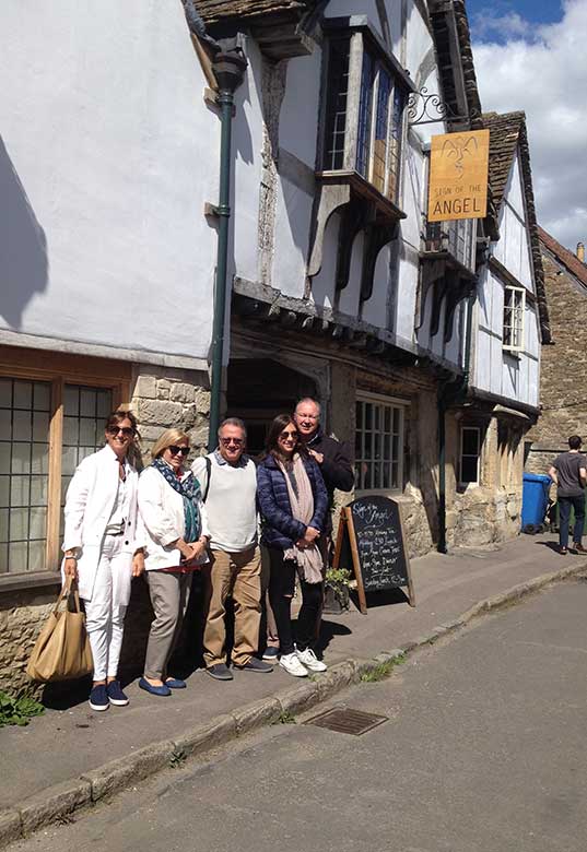 Maggie, Josephine, Ernest, Katherine and Rick outside Sign of The Angel, Lacock
