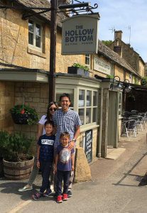 Atsushi, Denise and children at The Hollow Bottom pub in Guiting Power