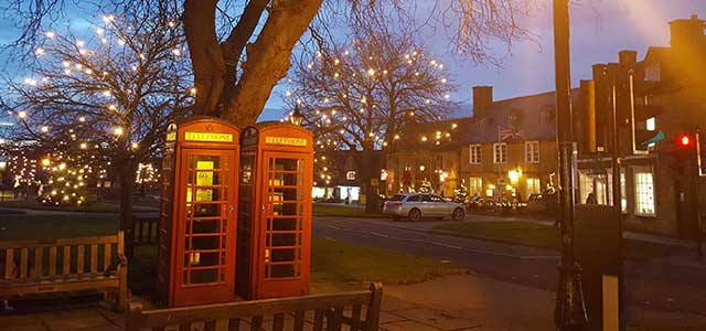 Winter in Broadway Cotswolds Christmas Lights Red Phonebox