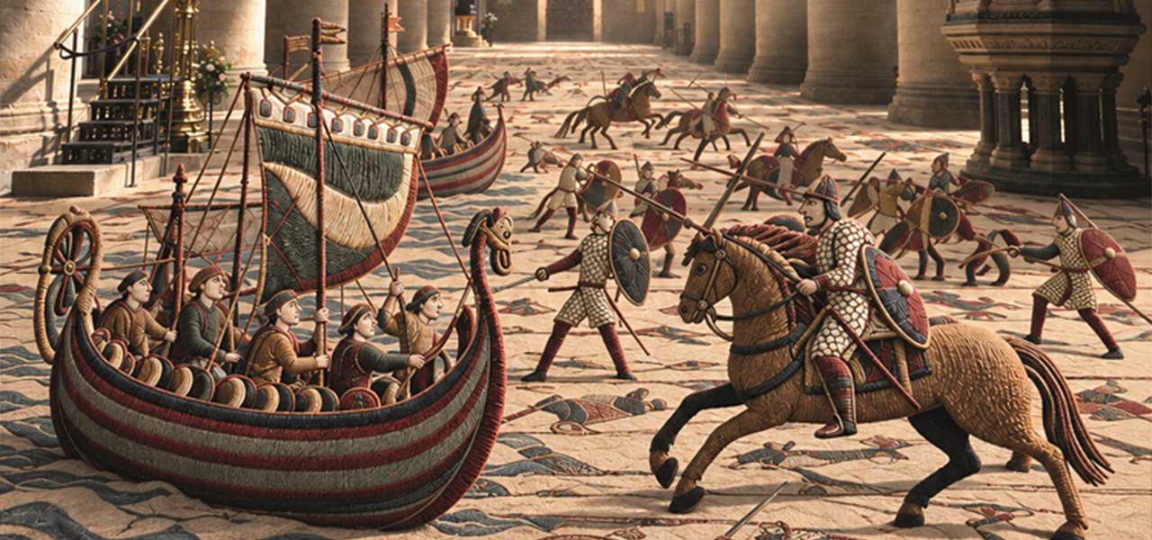 Illustration of Bayeux Tapestry-style Norman knights on horseback and longboats set within the nave of an abbey