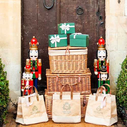 Heritage-House-Antiques-Tour-Feature-images-Christmas-Cotswolds Heritage House gift totes, wicker hampers and nutcrackers at the front door for a Christmas experience in the Cotswolds